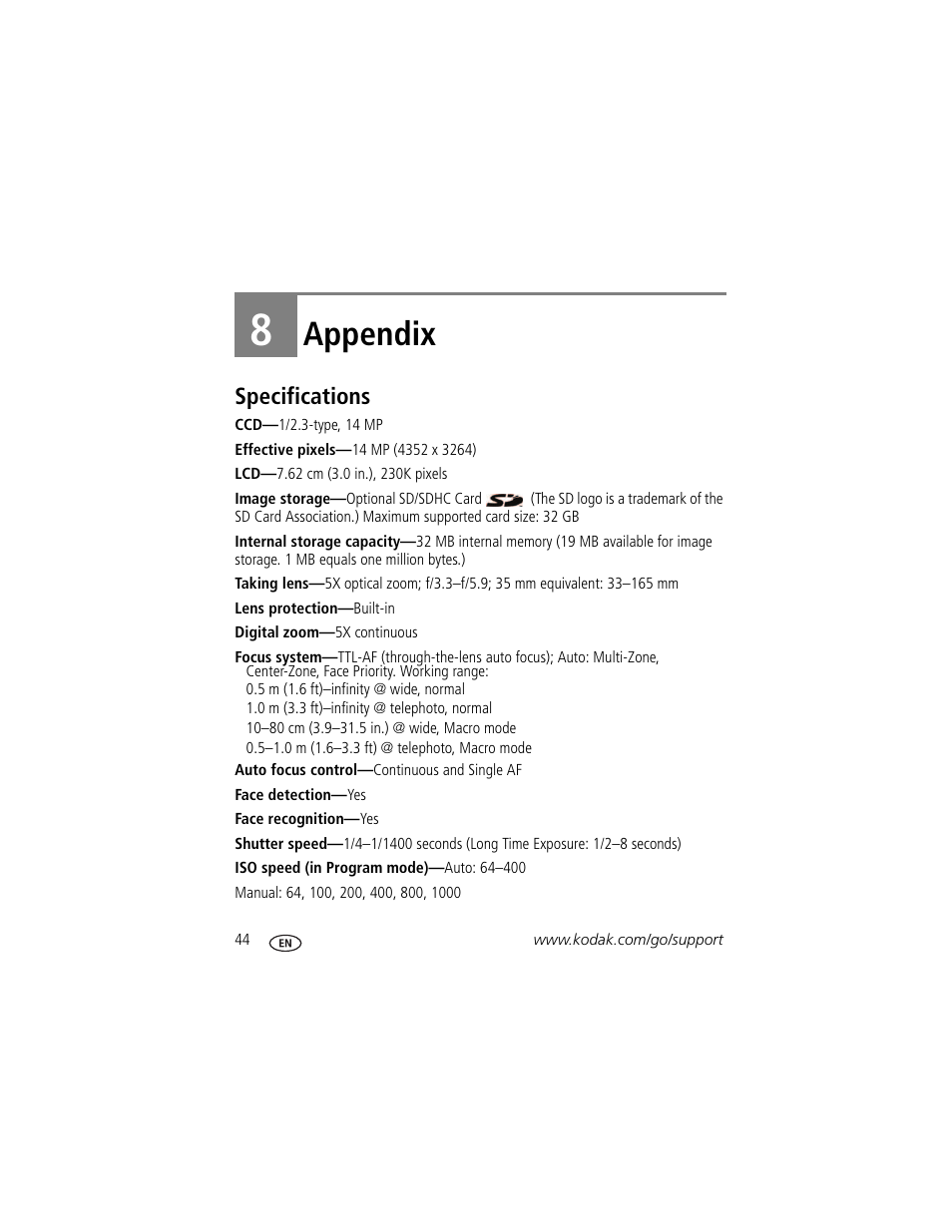 Appendix, Specifications, 8 appendix | Kodak C195 User Manual | Page 50 / 64