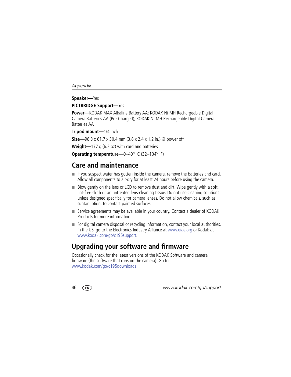 Care and maintenance, Upgrading your software and firmware | Kodak C195 User Manual | Page 52 / 64
