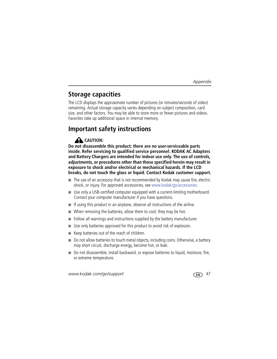 Storage capacities, Important safety instructions, Storage capacities important safety instructions | Kodak C195 User Manual | Page 53 / 64