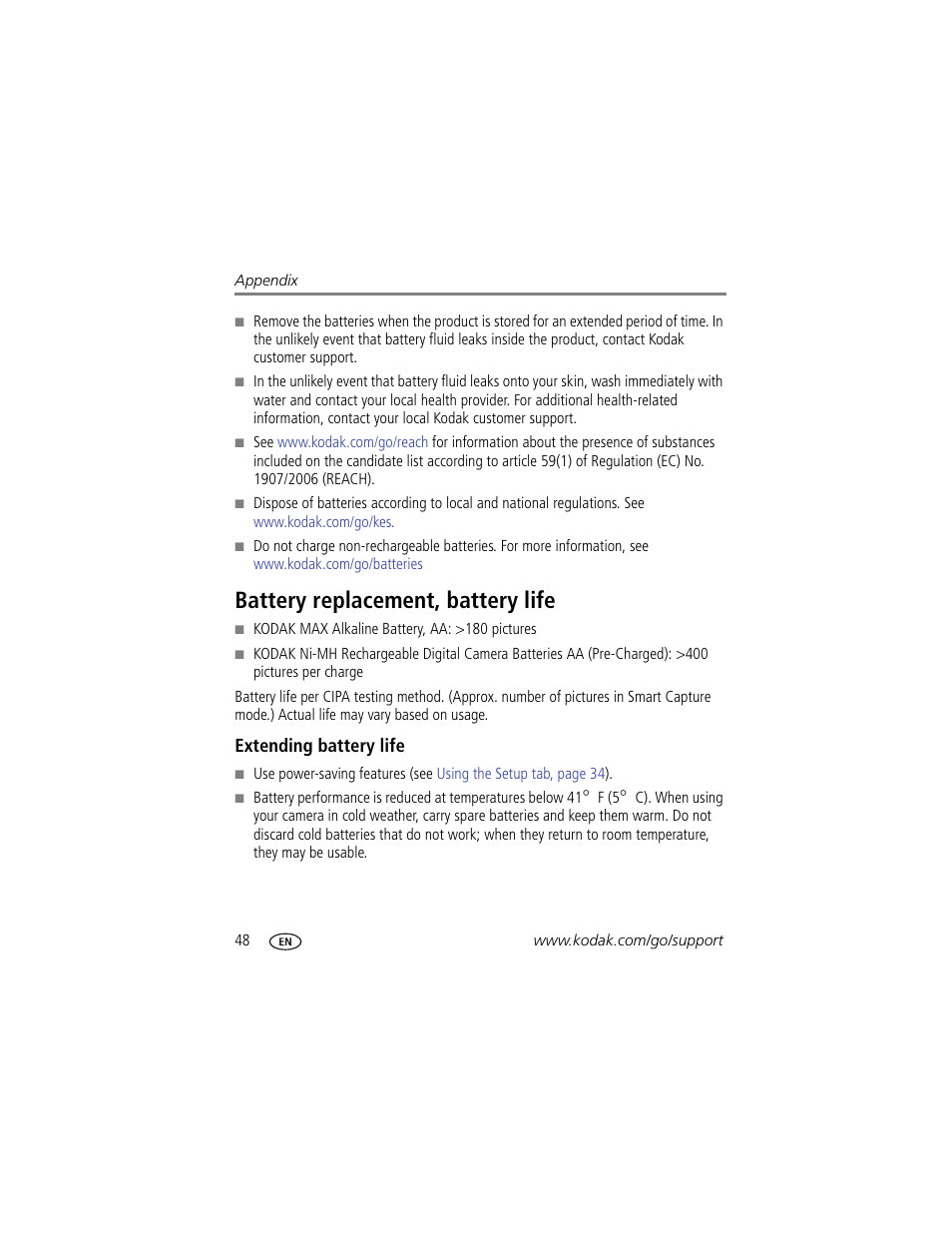 Battery replacement, battery life, Extending battery life | Kodak C195 User Manual | Page 54 / 64