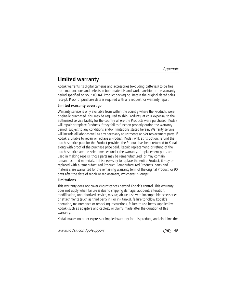 Limited warranty | Kodak C195 User Manual | Page 55 / 64