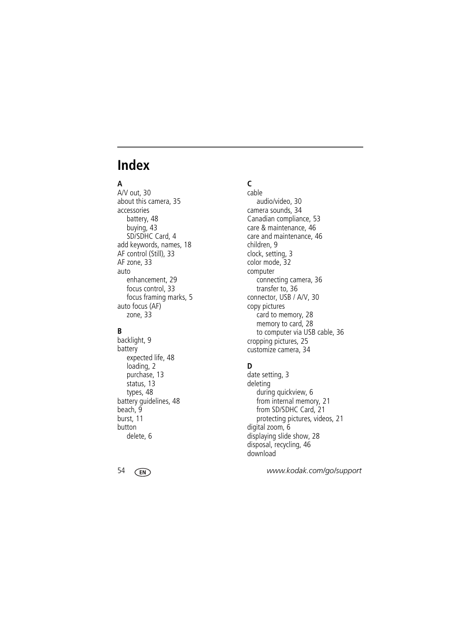 Index | Kodak C195 User Manual | Page 60 / 64