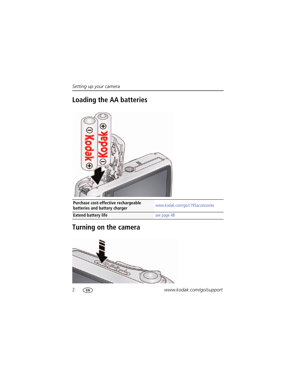 Loading the aa batteries, Turning on the camera, Loading the aa batteries turning on the camera | Kodak C195 User Manual | Page 8 / 64