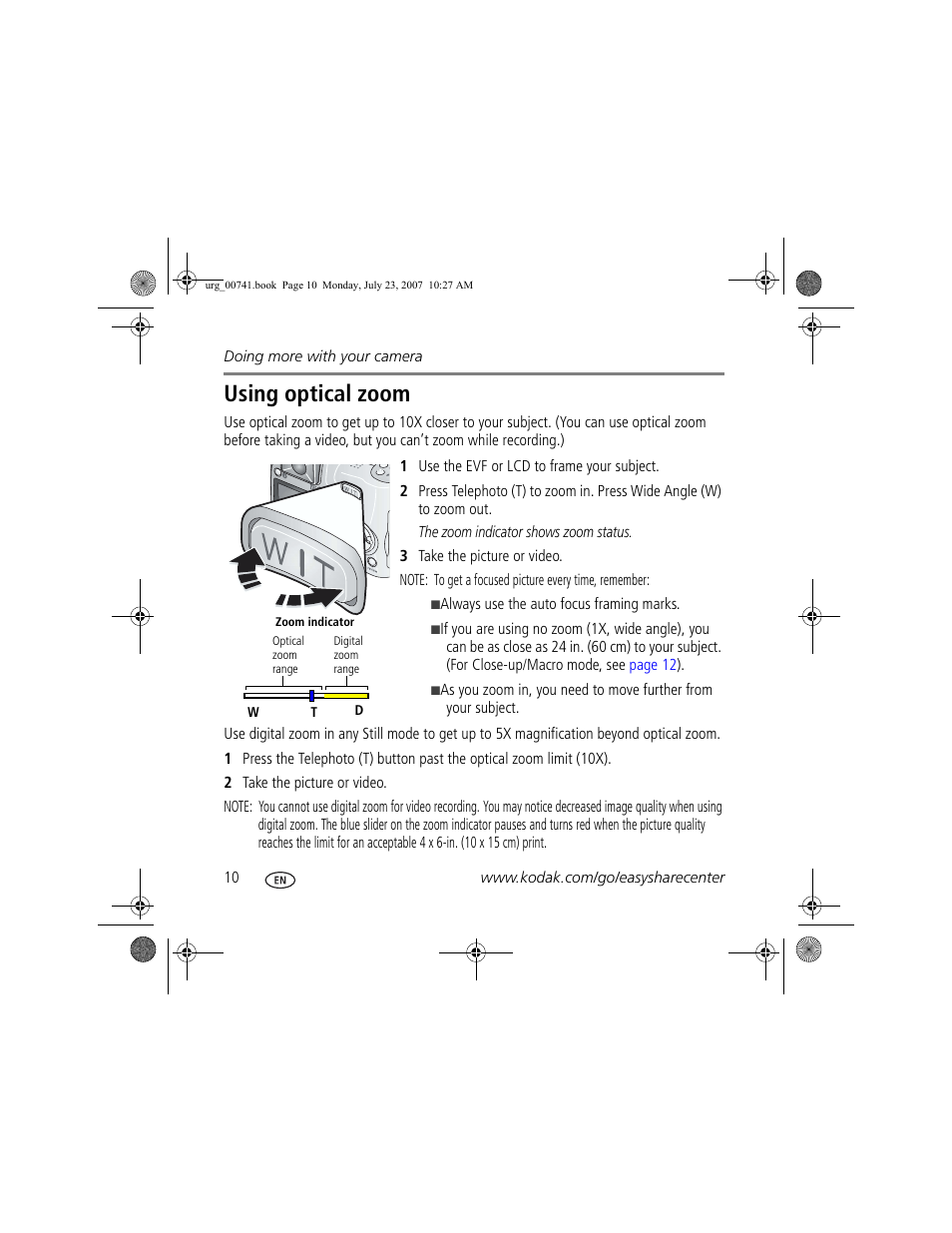 Using optical zoom | Kodak ZD710 User Manual | Page 10 / 26