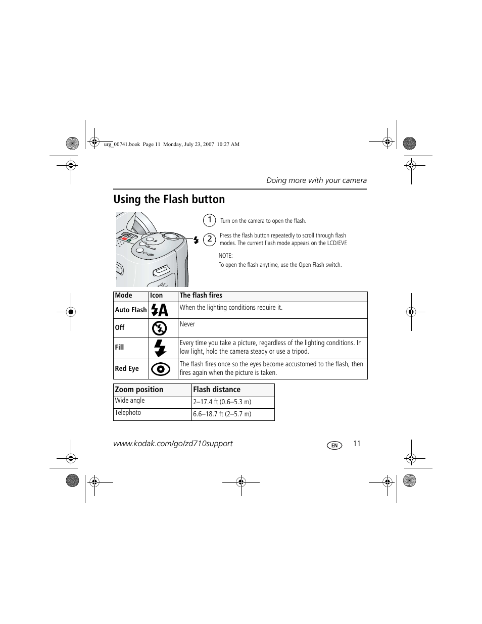 Using the flash button | Kodak ZD710 User Manual | Page 11 / 26