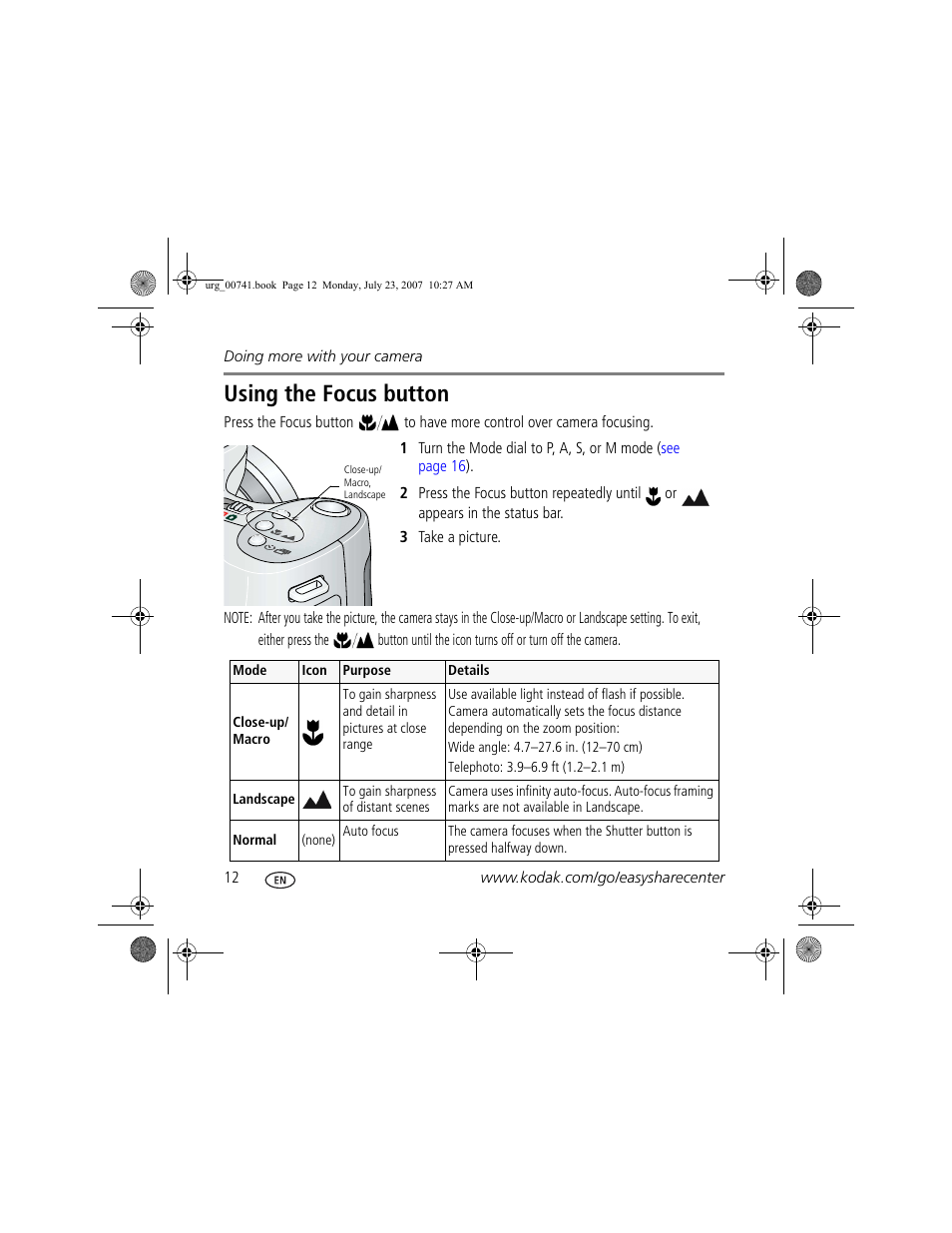 Using the focus button | Kodak ZD710 User Manual | Page 12 / 26