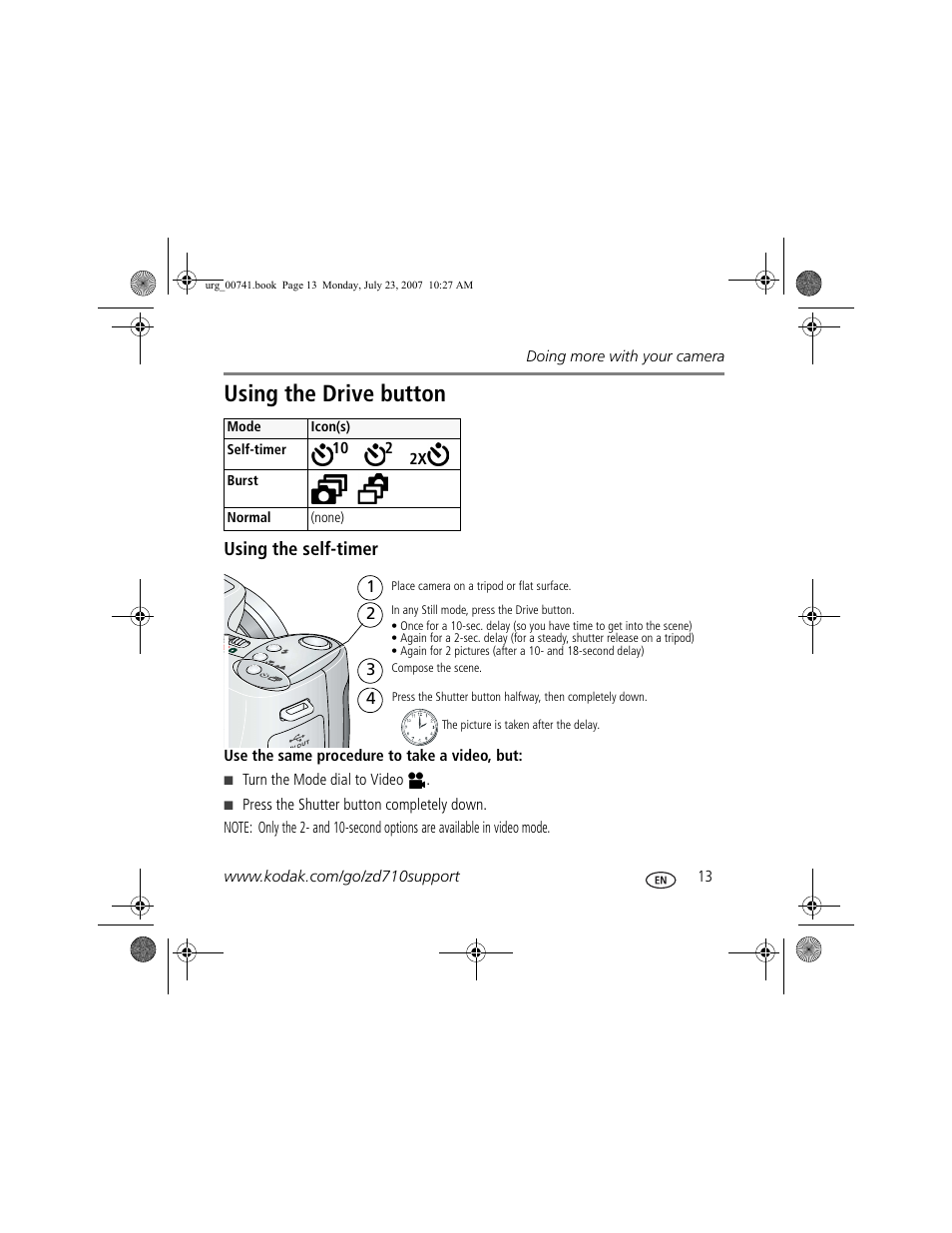 Using the drive button, Using the self-timer | Kodak ZD710 User Manual | Page 13 / 26