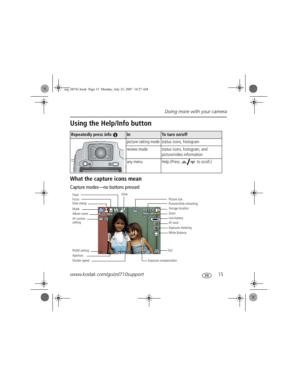 Using the help/info button, What the capture icons mean | Kodak ZD710 User Manual | Page 15 / 26