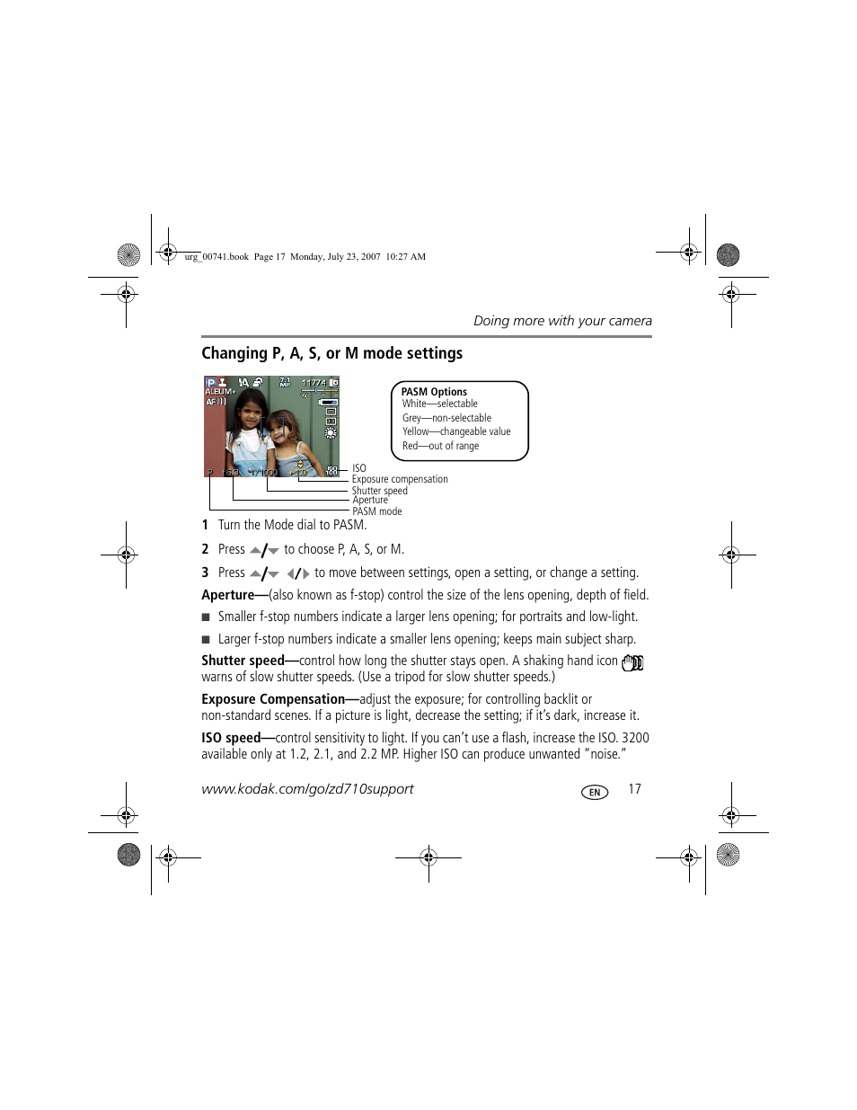 Changing p, a, s, or m mode settings | Kodak ZD710 User Manual | Page 17 / 26