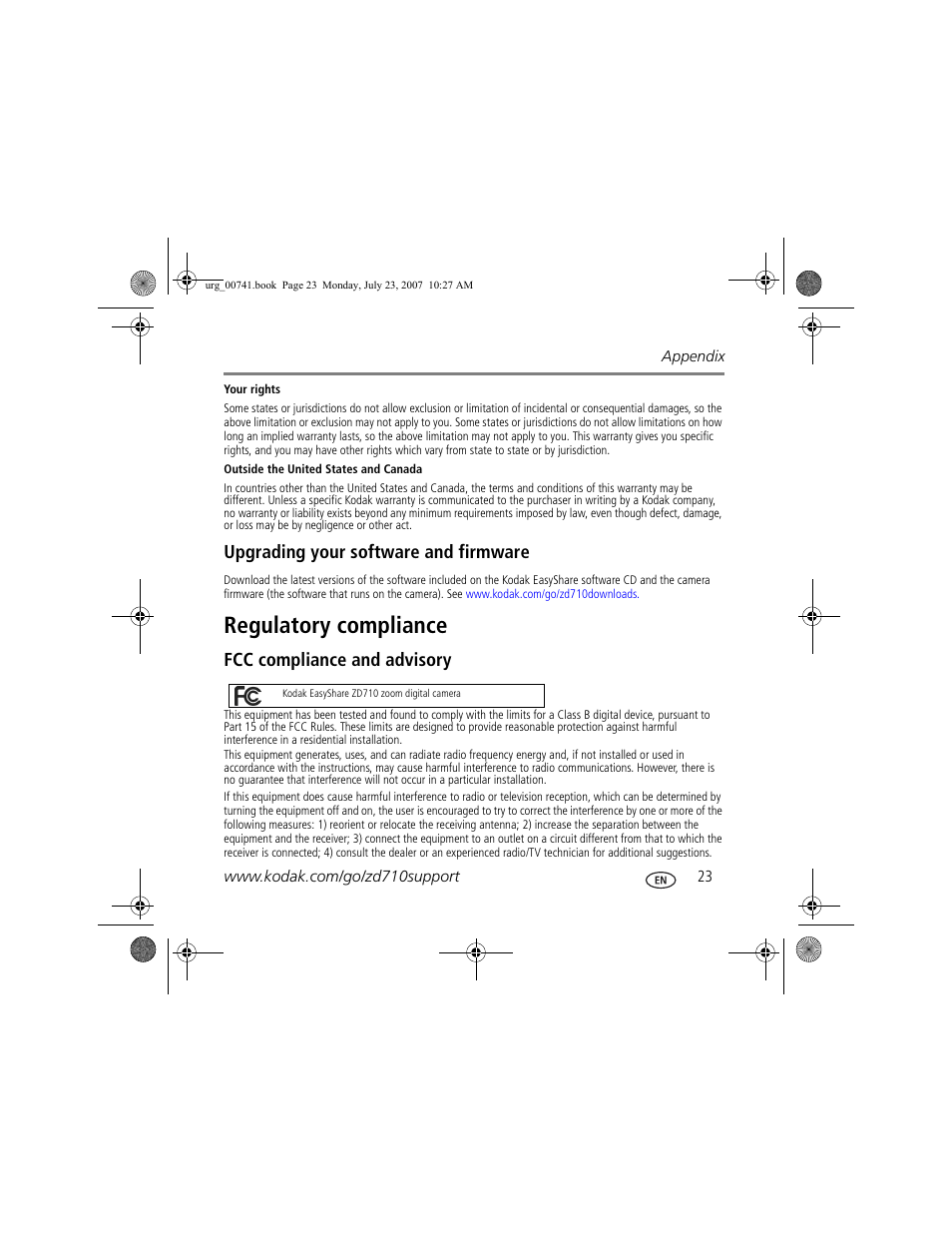 Regulatory compliance, Upgrading your software and firmware, Fcc compliance and advisory | Kodak ZD710 User Manual | Page 23 / 26