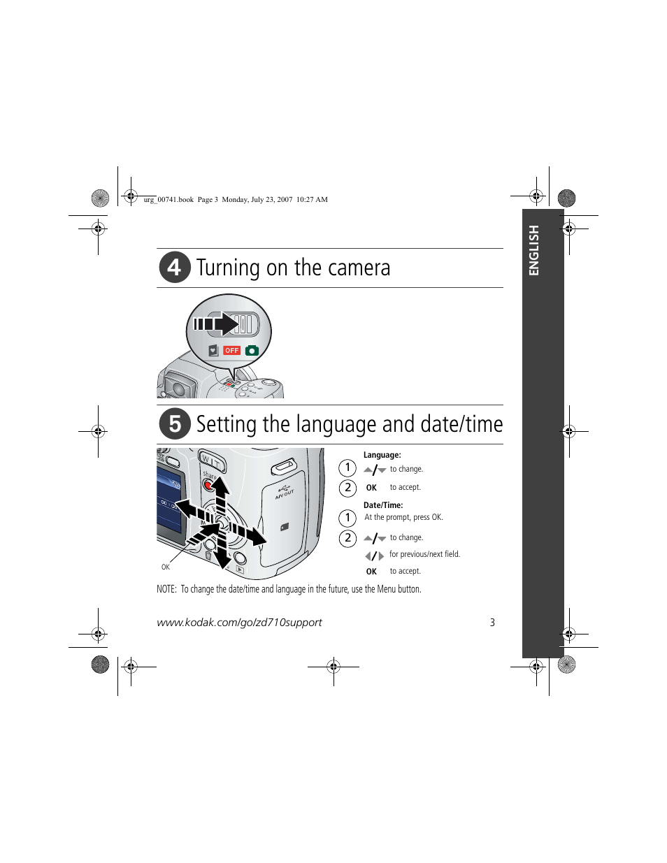 Turning on the camera, Setting the language and date/time | Kodak ZD710 User Manual | Page 3 / 26