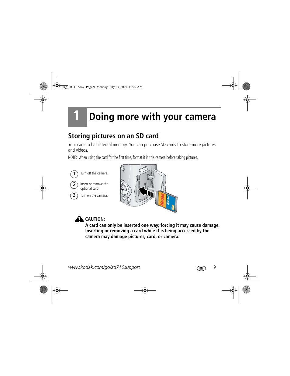 Doing more with your camera, Storing pictures on an sd card | Kodak ZD710 User Manual | Page 9 / 26