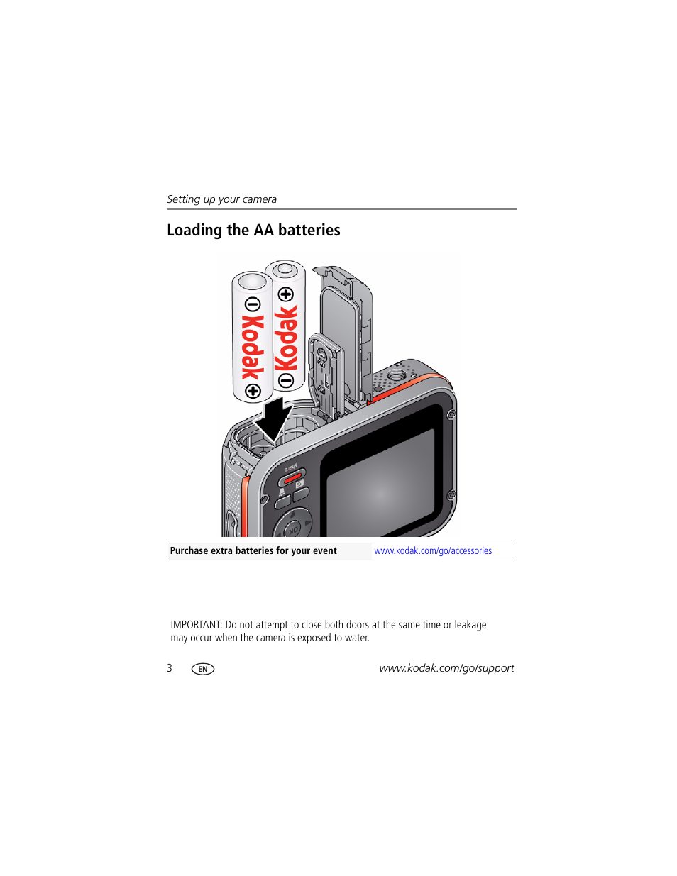Loading the aa batteries | Kodak SPORT C135 User Manual | Page 10 / 71