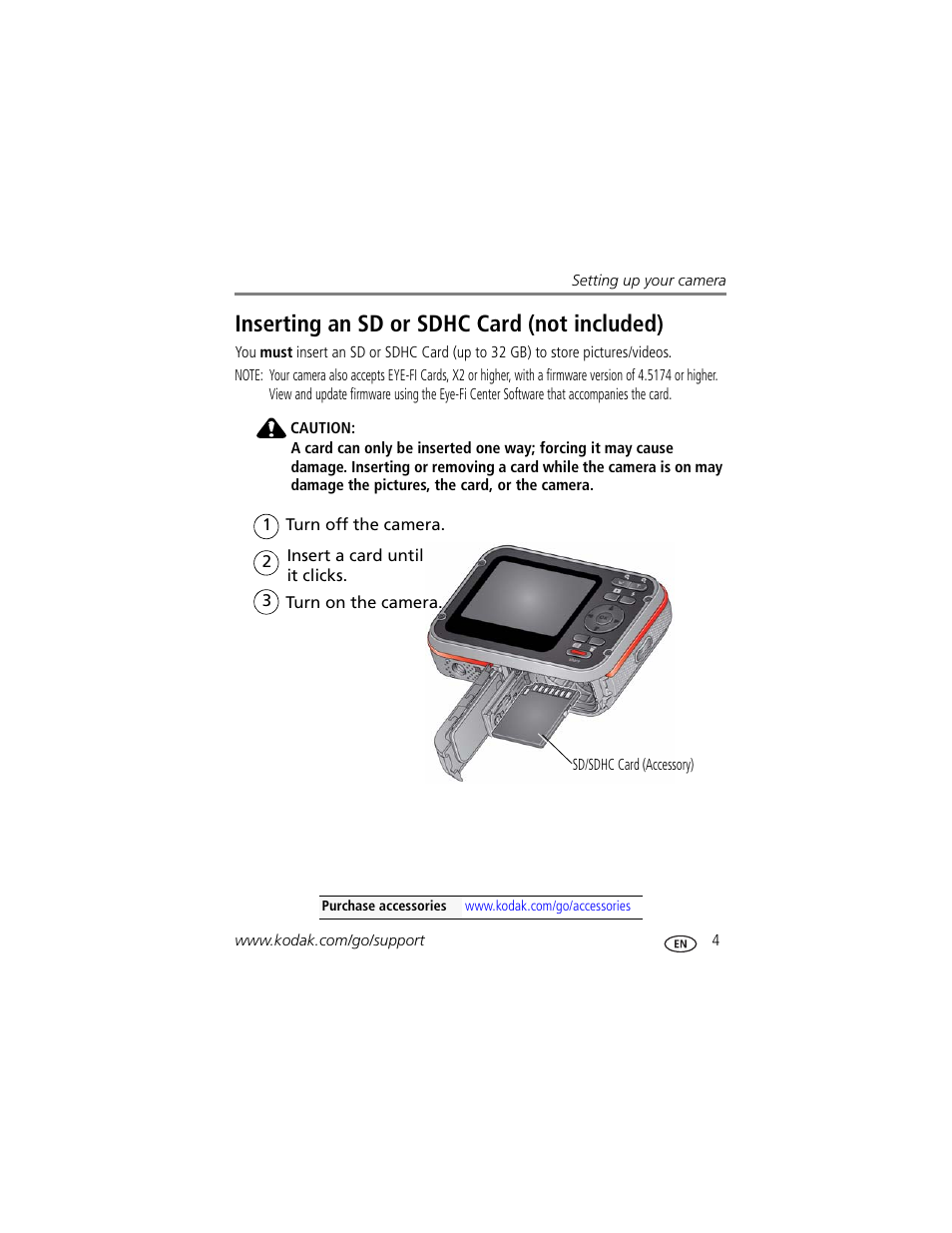 Inserting an sd or sdhc card (not included) | Kodak SPORT C135 User Manual | Page 11 / 71