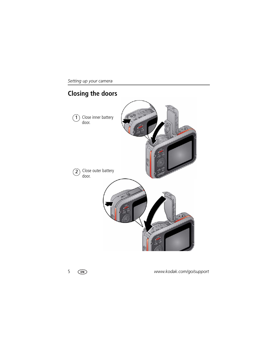 Closing the doors | Kodak SPORT C135 User Manual | Page 12 / 71