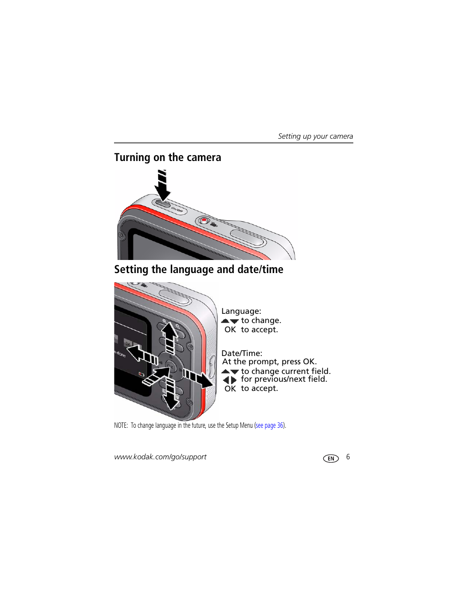 Turning on the camera, Setting the language and date/time | Kodak SPORT C135 User Manual | Page 13 / 71