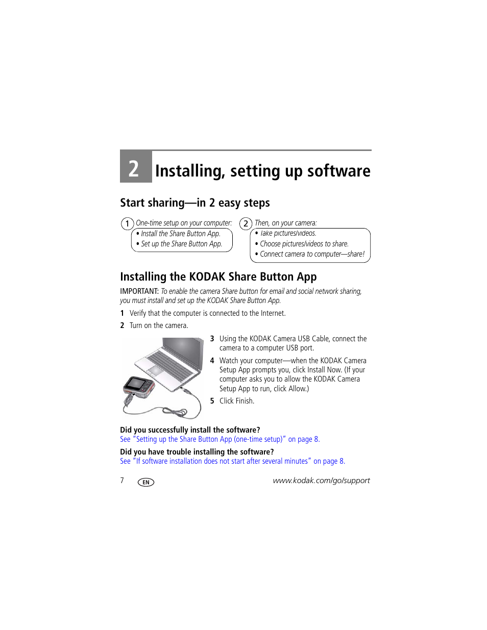 Installing, setting up software, Start sharing—in 2 easy steps, Installing the kodak share button app | 2 installing, setting up software | Kodak SPORT C135 User Manual | Page 14 / 71