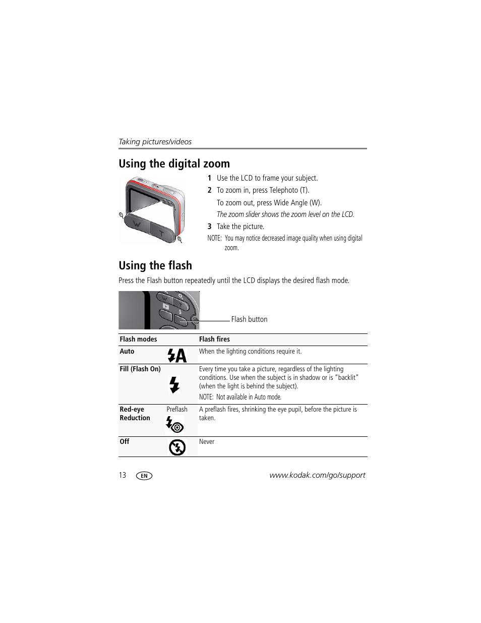 Using the digital zoom, Using the flash, Using the digital zoom using the flash | Kodak SPORT C135 User Manual | Page 20 / 71