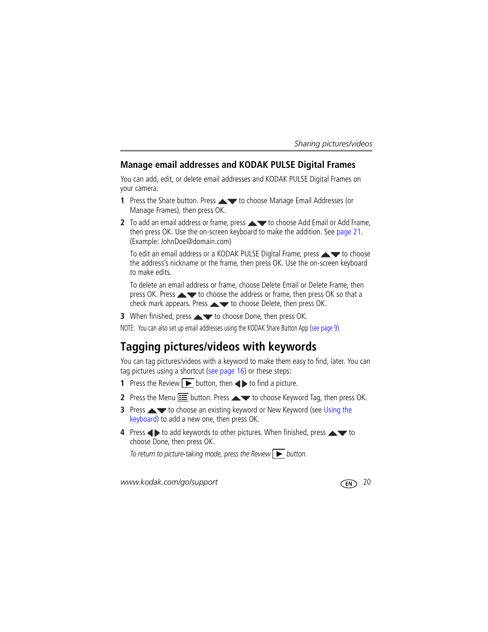 Tagging pictures/videos with keywords | Kodak SPORT C135 User Manual | Page 27 / 71