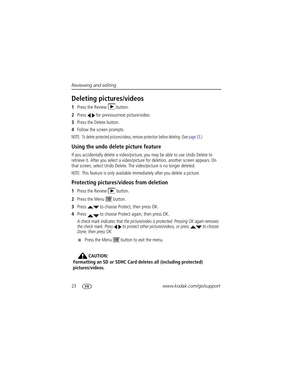 Deleting pictures/videos, Using the undo delete picture feature, Protecting pictures/videos from deletion | Kodak SPORT C135 User Manual | Page 30 / 71