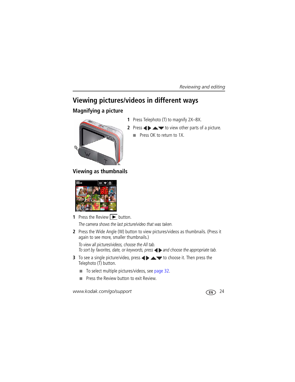 Viewing pictures/videos in different ways, Magnifying a picture, Viewing as thumbnails | Kodak SPORT C135 User Manual | Page 31 / 71