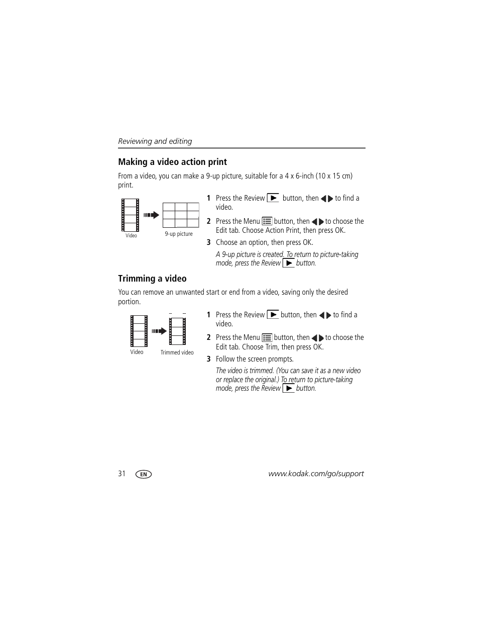 Making a video action print, Trimming a video | Kodak SPORT C135 User Manual | Page 38 / 71