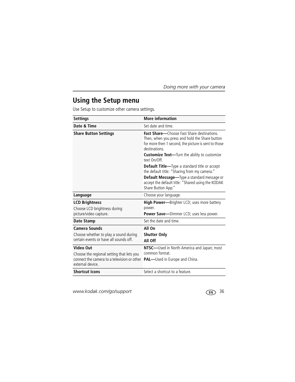 Using the setup menu, Ttings | Kodak SPORT C135 User Manual | Page 43 / 71