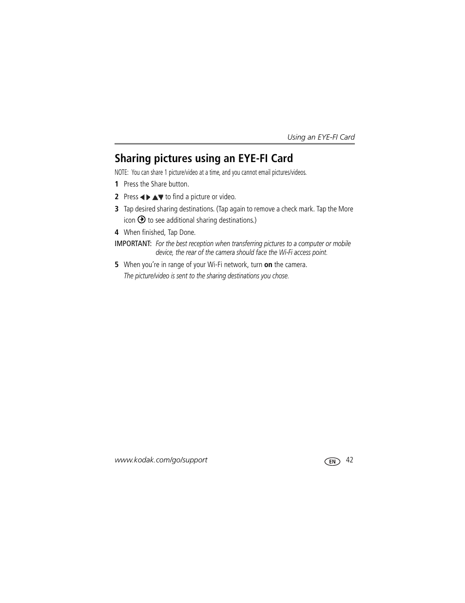 Sharing pictures using an eye-fi card | Kodak SPORT C135 User Manual | Page 49 / 71
