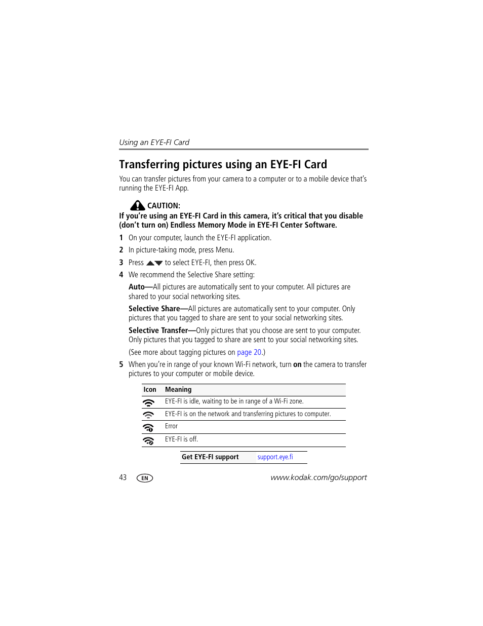 Transferring pictures using an eye-fi card | Kodak SPORT C135 User Manual | Page 50 / 71