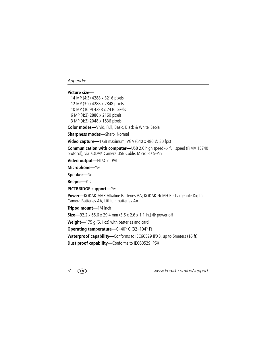 Alled | Kodak SPORT C135 User Manual | Page 58 / 71