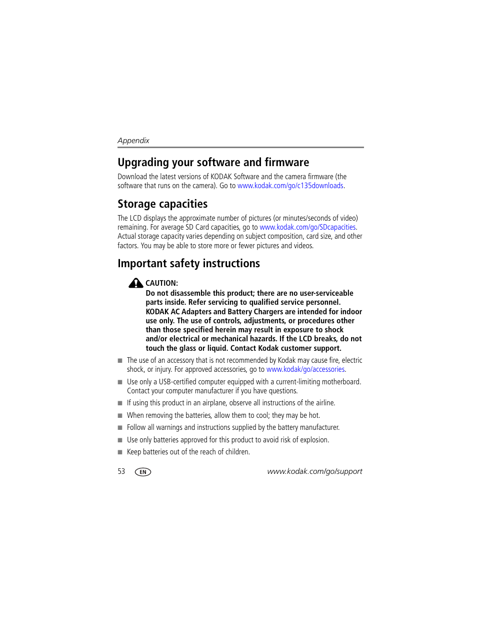 Upgrading your software and firmware, Storage capacities, Important safety instructions | Kodak SPORT C135 User Manual | Page 60 / 71