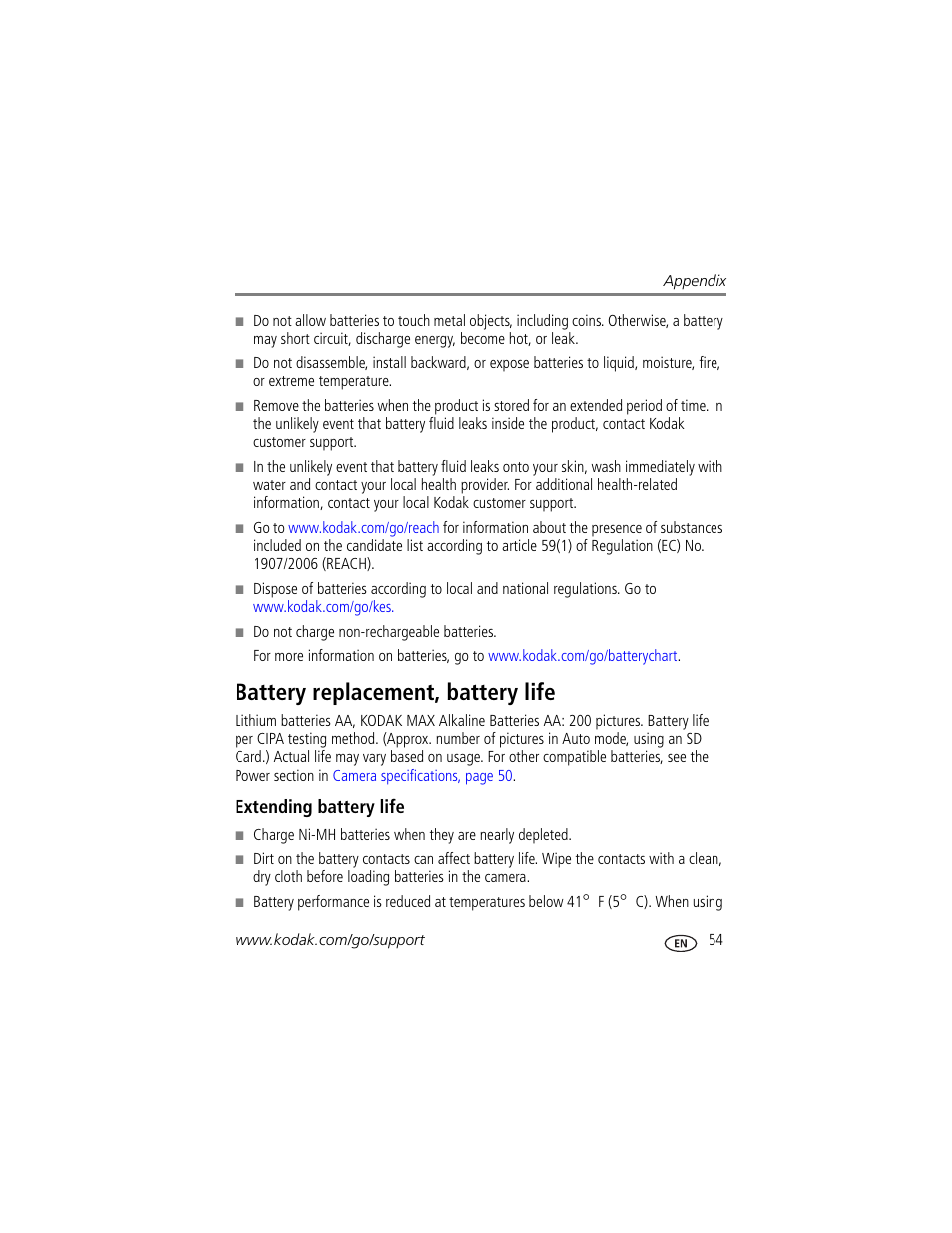 Battery replacement, battery life, Extending battery life | Kodak SPORT C135 User Manual | Page 61 / 71