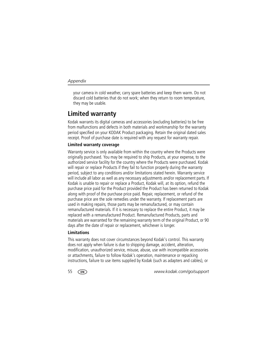 Limited warranty | Kodak SPORT C135 User Manual | Page 62 / 71