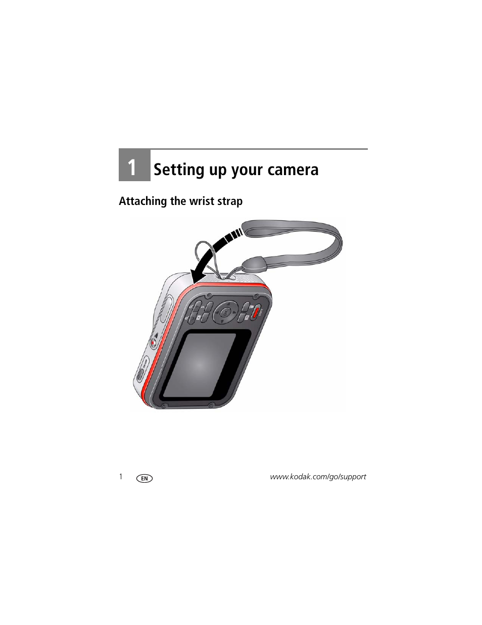 Setting up your camera, Attaching the wrist strap, 1 setting up your camera | Kodak SPORT C135 User Manual | Page 8 / 71