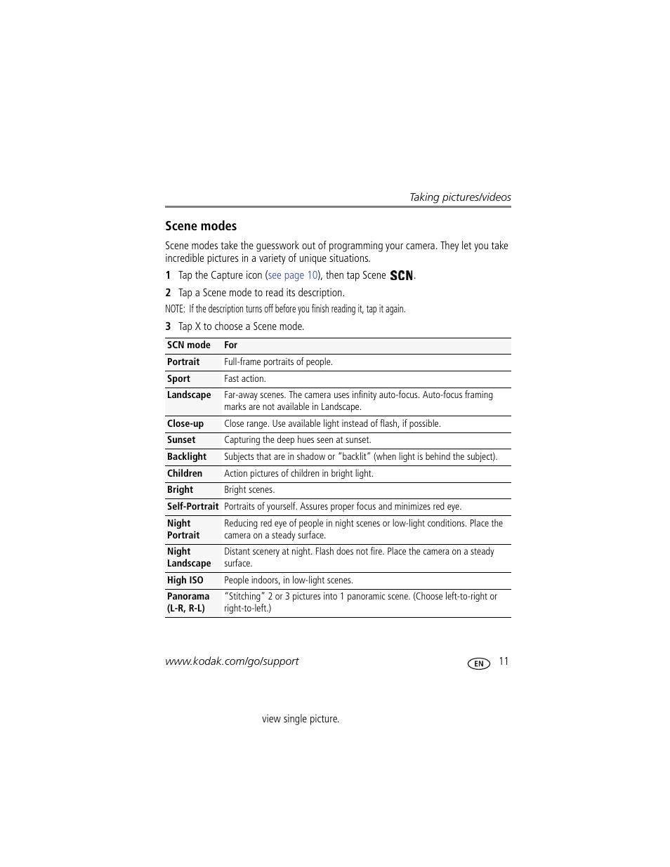Scene modes, Ons. (see | Kodak SLICE User Manual | Page 17 / 70