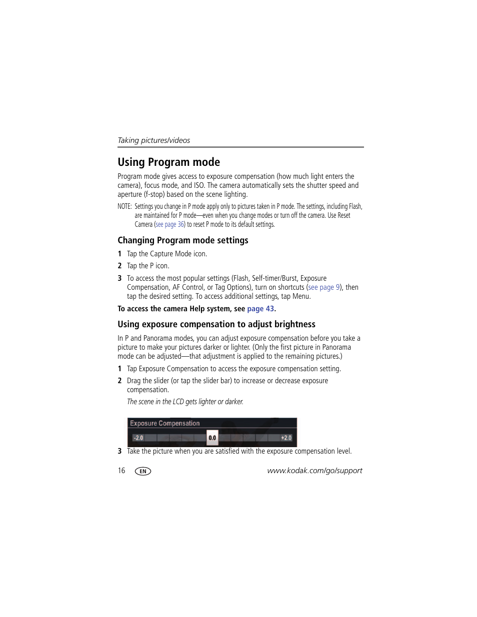 Using program mode, Changing program mode settings, Using exposure compensation to adjust brightness | Kodak SLICE User Manual | Page 22 / 70