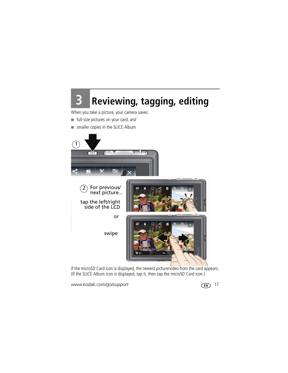 Reviewing, tagging, editing, 3 reviewing, tagging, editing | Kodak SLICE User Manual | Page 23 / 70