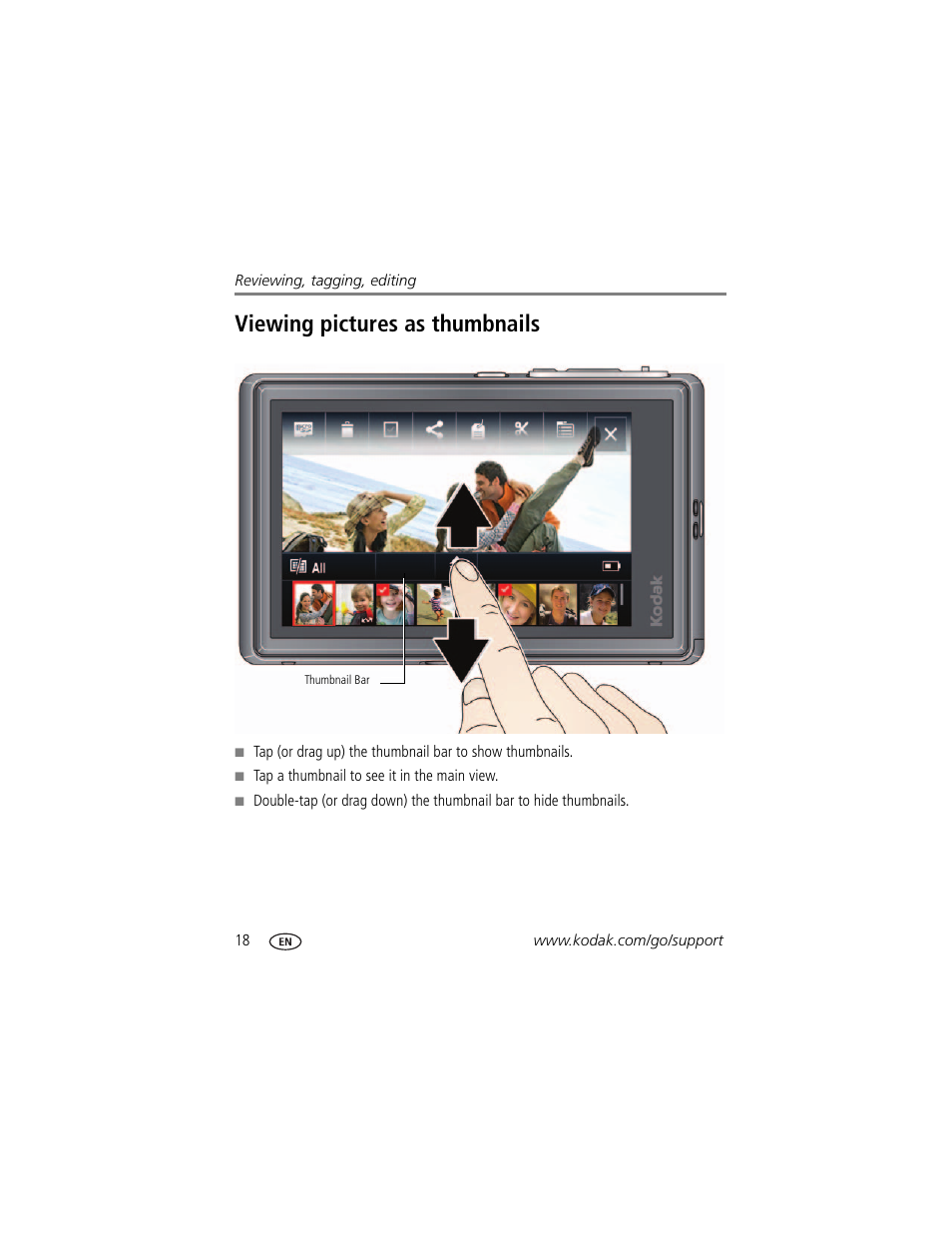 Viewing pictures as thumbnails | Kodak SLICE User Manual | Page 24 / 70