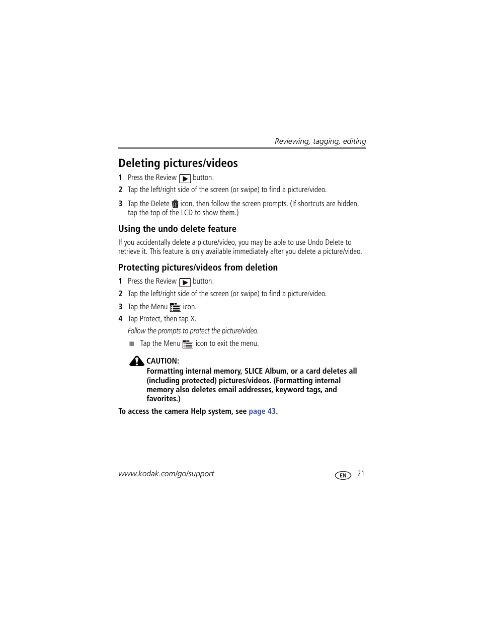 Deleting pictures/videos, Using the undo delete feature, Protecting pictures/videos from deletion | Kodak SLICE User Manual | Page 27 / 70