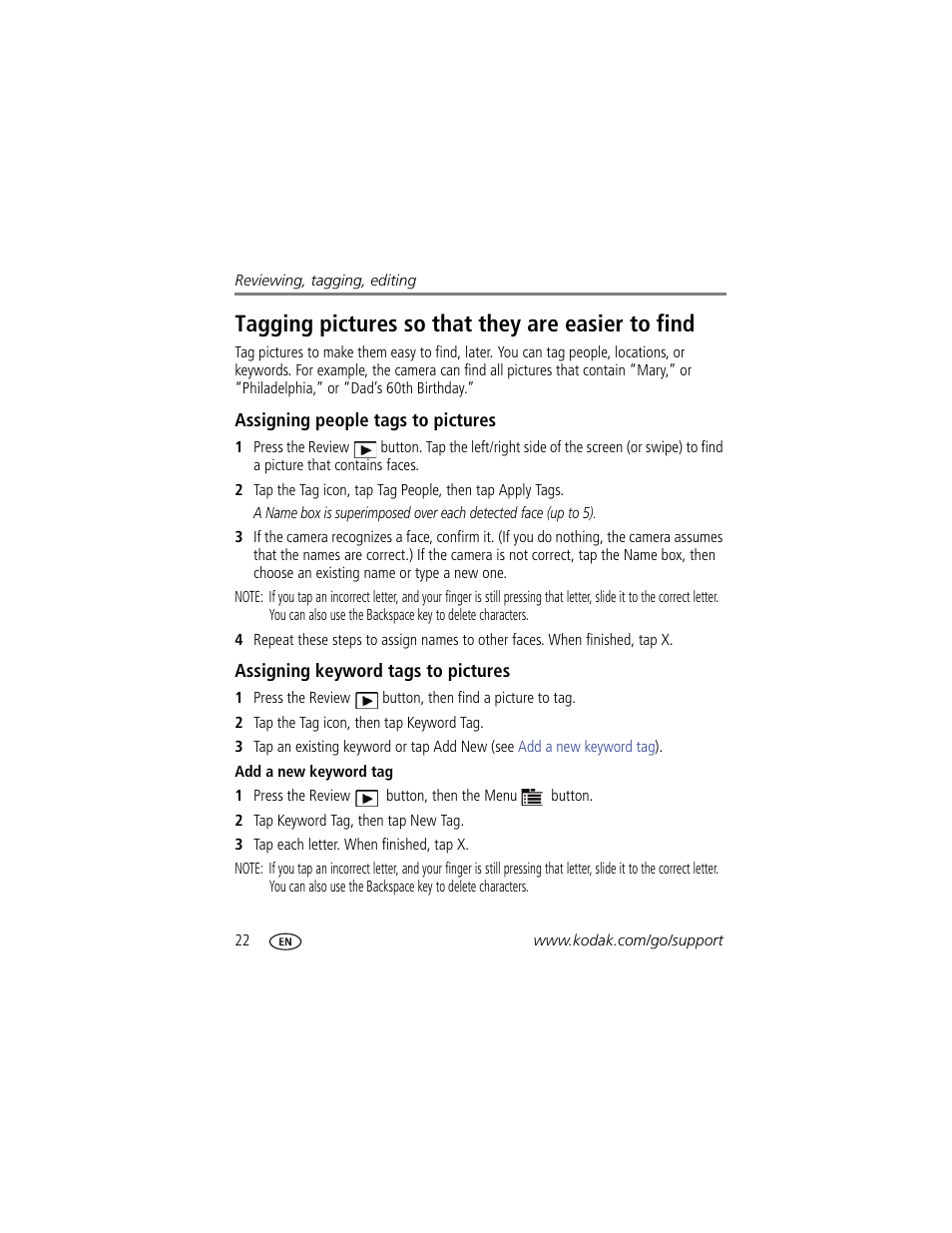 Tagging pictures so that they are easier to find, Assigning people tags to pictures, Assigning keyword tags to pictures | Add a new keyword tag | Kodak SLICE User Manual | Page 28 / 70