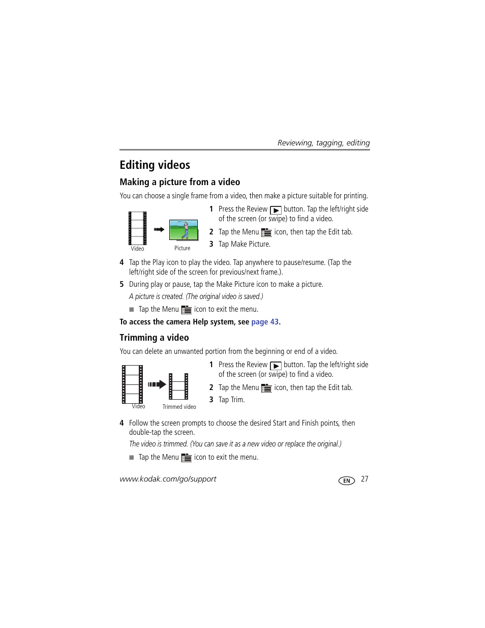 Editing videos, Making a picture from a video, Trimming a video | Kodak SLICE User Manual | Page 33 / 70