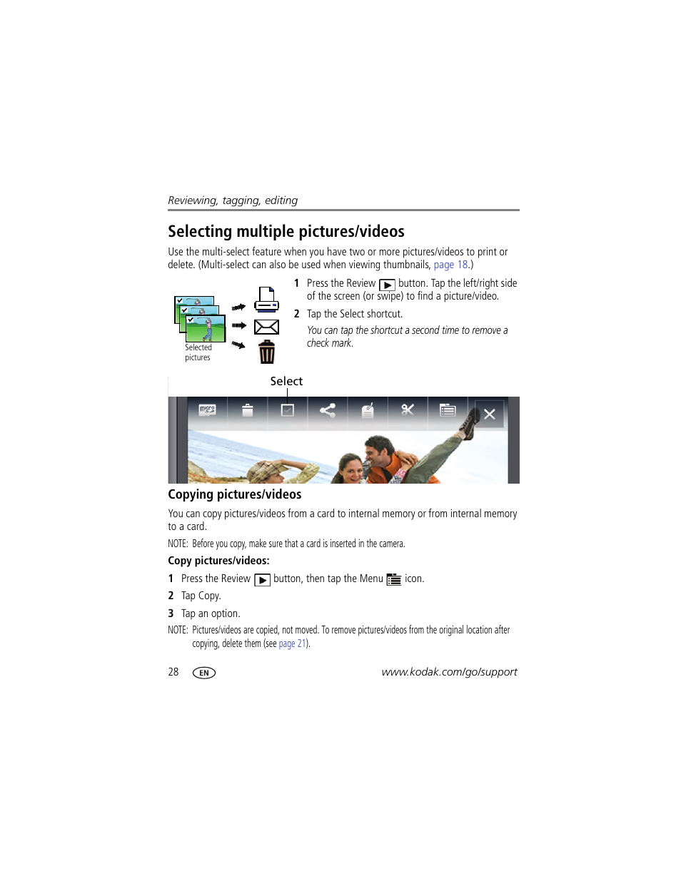 Selecting multiple pictures/videos, Copying pictures/videos | Kodak SLICE User Manual | Page 34 / 70
