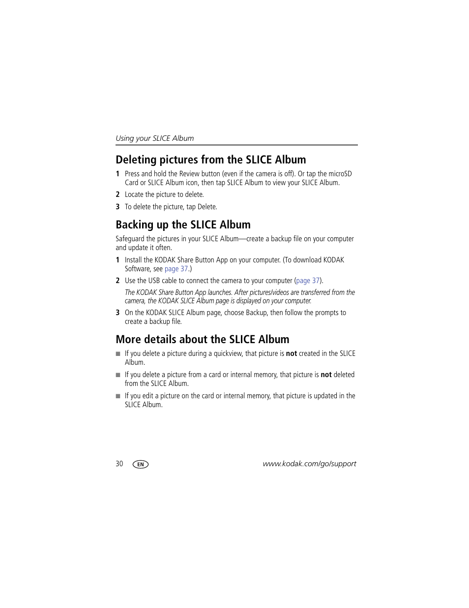 Deleting pictures from the slice album, Backing up the slice album, More details about the slice album | Kodak SLICE User Manual | Page 36 / 70