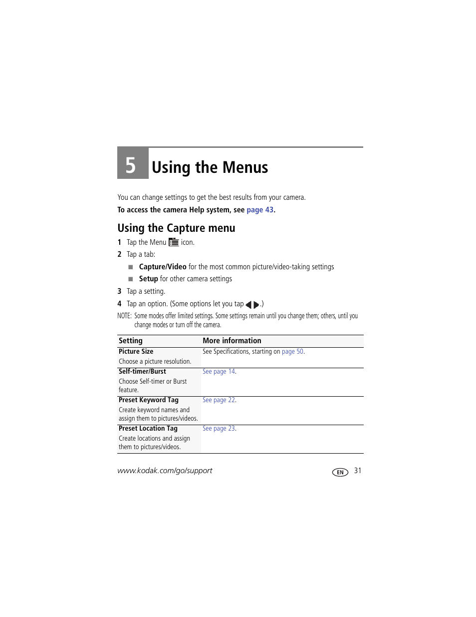 Using the menus, Using the capture menu, 5 using the menus | Kodak SLICE User Manual | Page 37 / 70