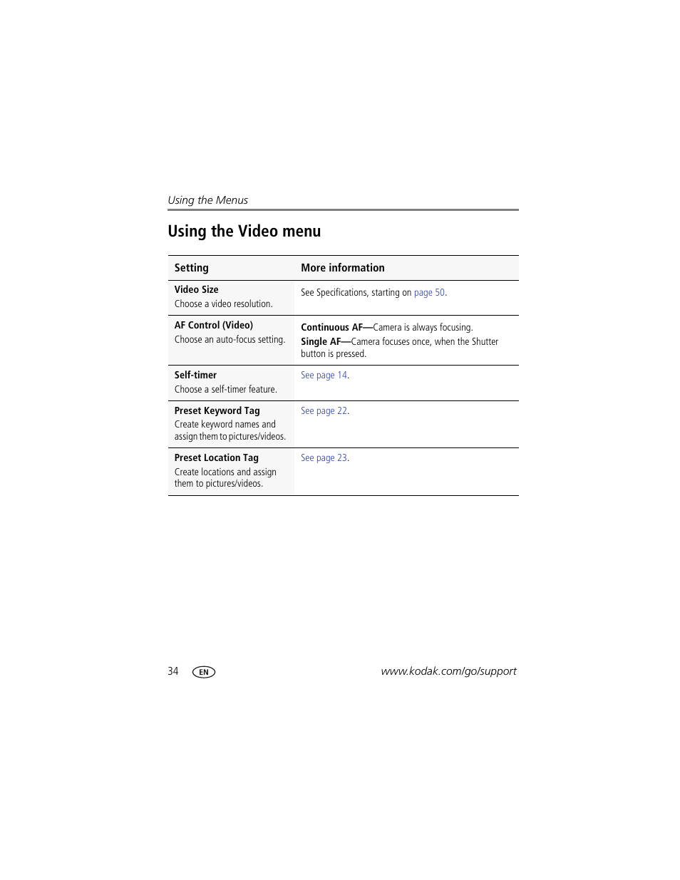 Using the video menu | Kodak SLICE User Manual | Page 40 / 70