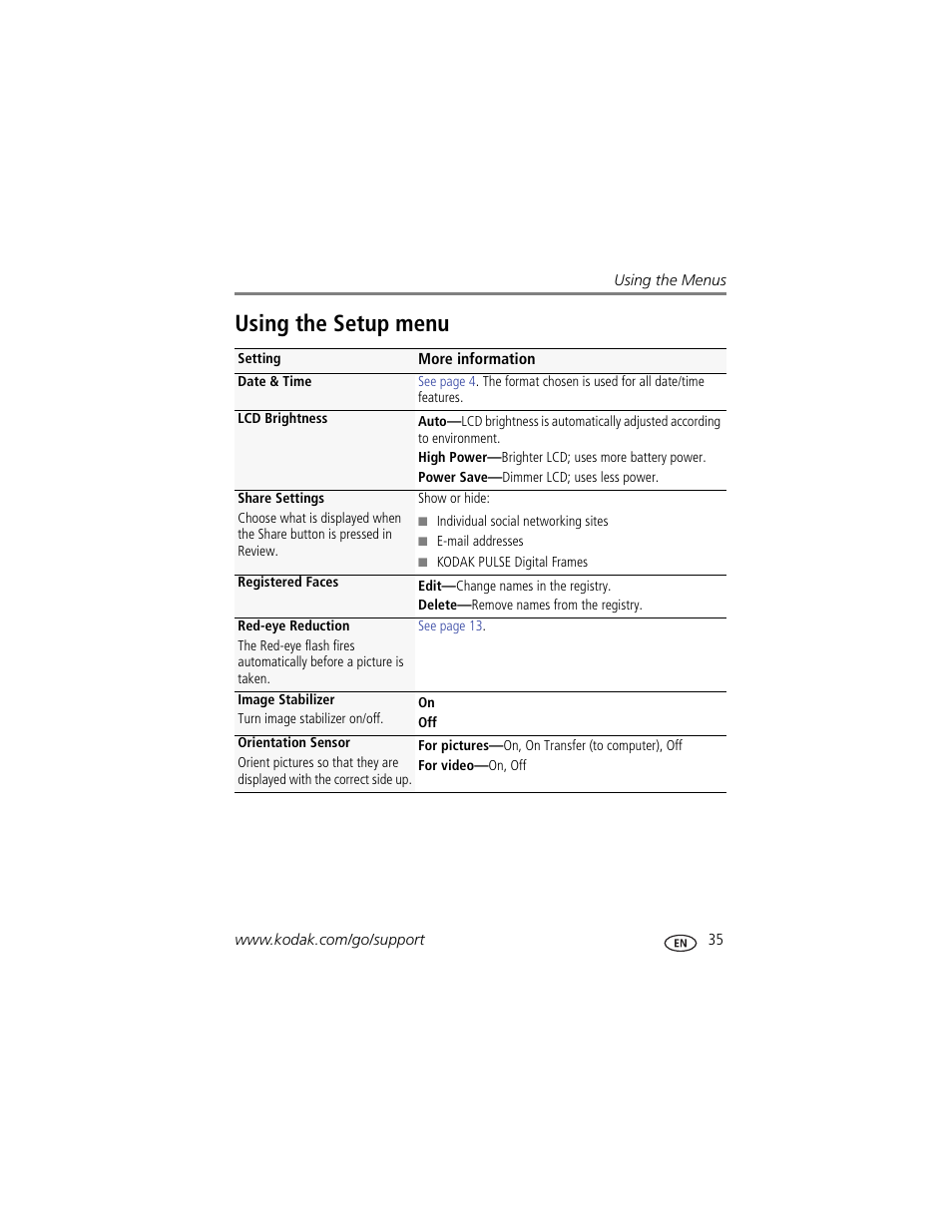 Using the setup menu, Settings | Kodak SLICE User Manual | Page 41 / 70