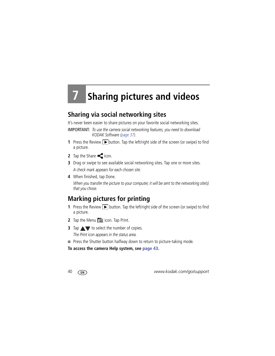 Sharing pictures and videos, Sharing via social networking sites, Marking pictures for printing | 7 sharing pictures and videos | Kodak SLICE User Manual | Page 46 / 70