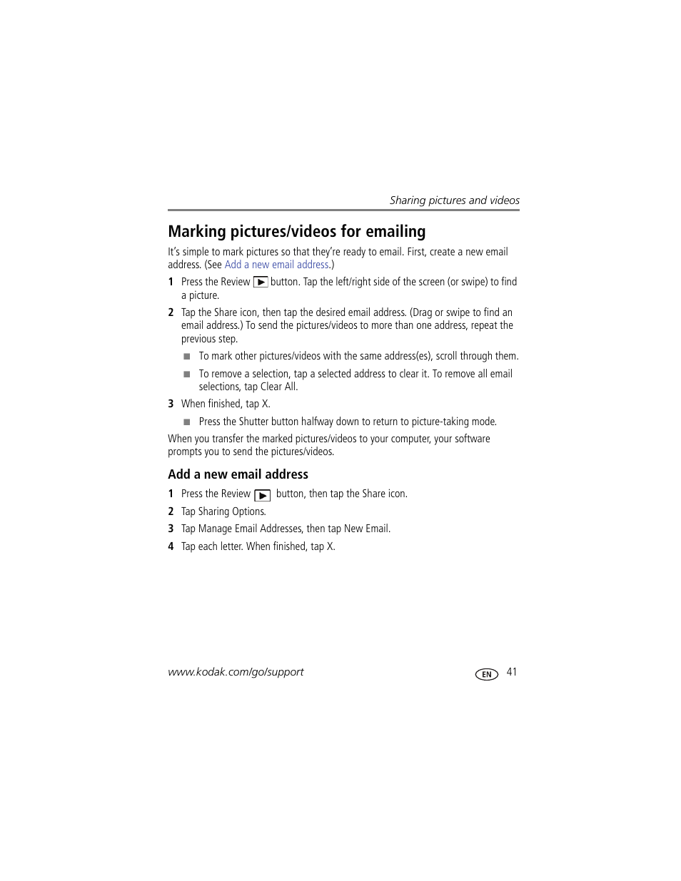 Marking pictures/videos for emailing, Add a new email address | Kodak SLICE User Manual | Page 47 / 70