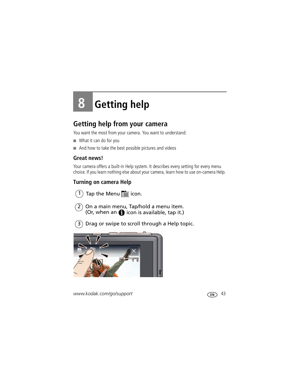 Getting help, Getting help from your camera, Great news | Turning on camera help, 8 getting help | Kodak SLICE User Manual | Page 49 / 70