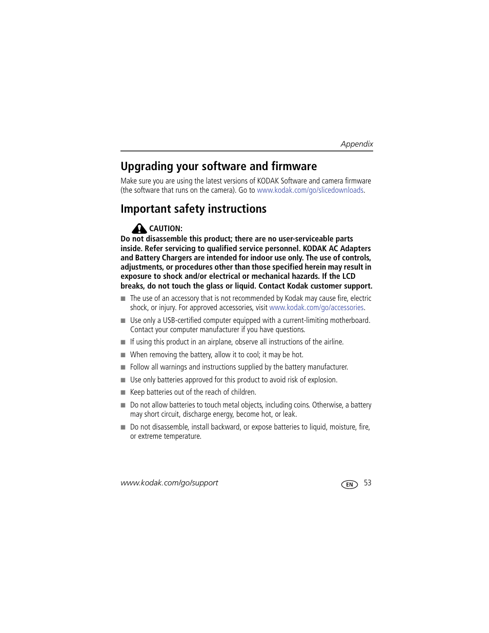 Upgrading your software and firmware, Important safety instructions | Kodak SLICE User Manual | Page 59 / 70